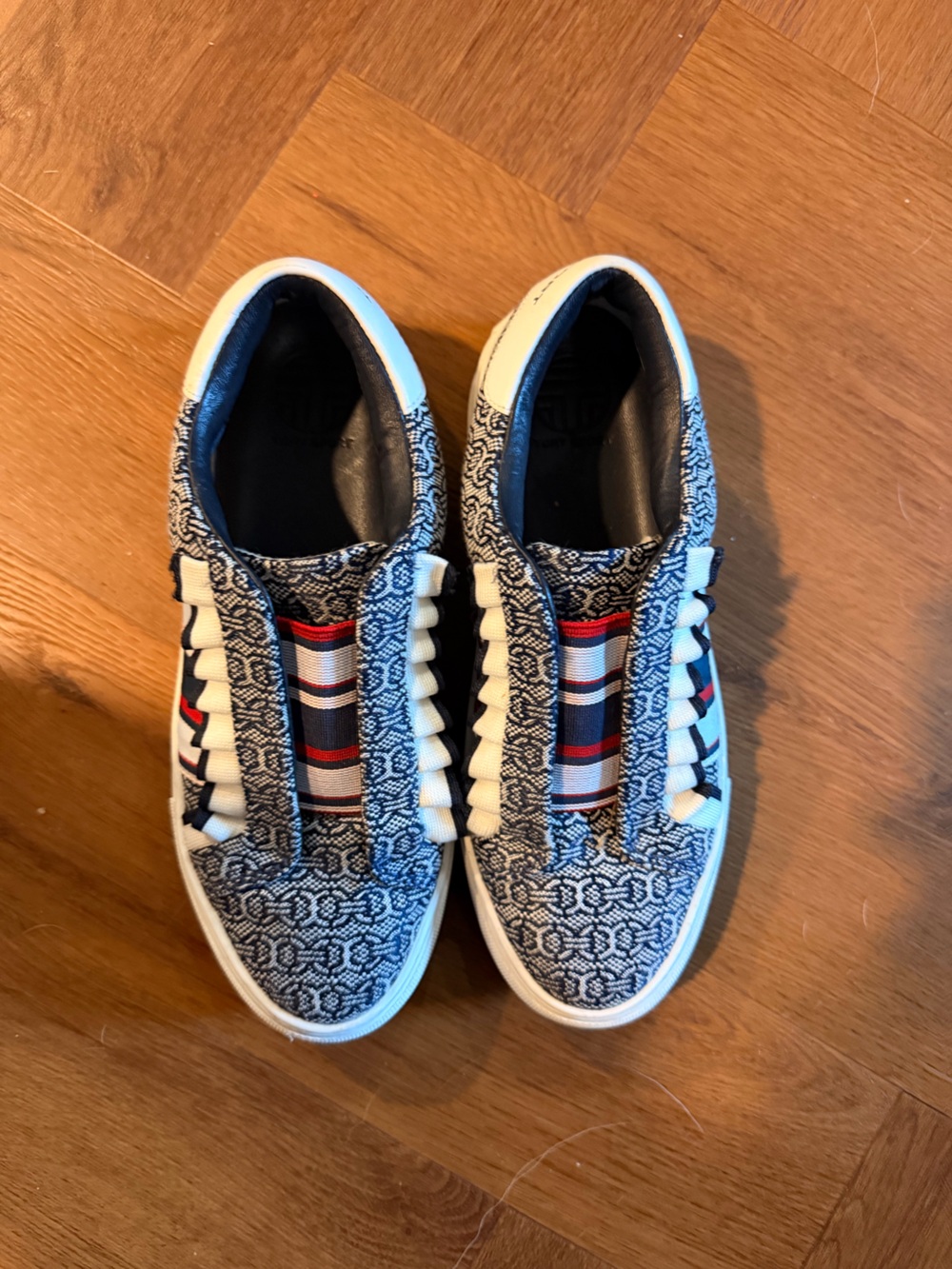 Tory Burch Navy Ivory Jacquard Logo Sneakers Leather Trim